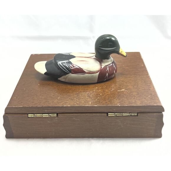 Vintage Wood Playing Card Holder Box with Ceramic Mallard Duck. *Used* - Picture 3 of 11